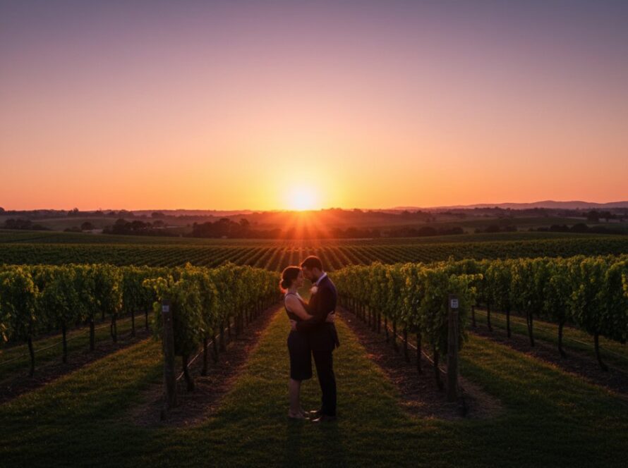A couple embraces passionately amidst the golden hour glow in the rolling vineyards of Dixons Creek, capturing a truly romantic Dixons Creek engagement photography moment with dramatic light.