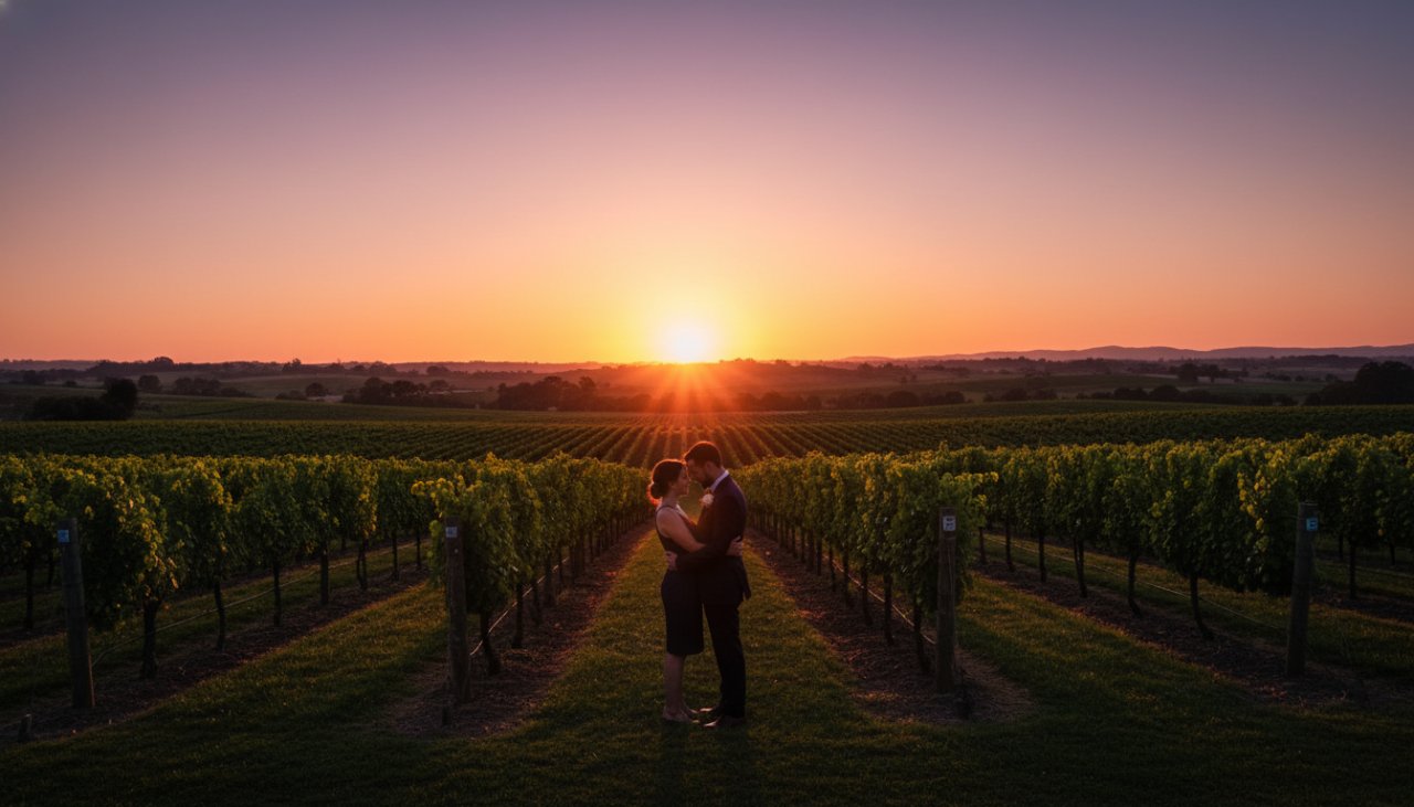 A couple embraces passionately amidst the golden hour glow in the rolling vineyards of Dixons Creek, capturing a truly romantic Dixons Creek engagement photography moment with dramatic light.