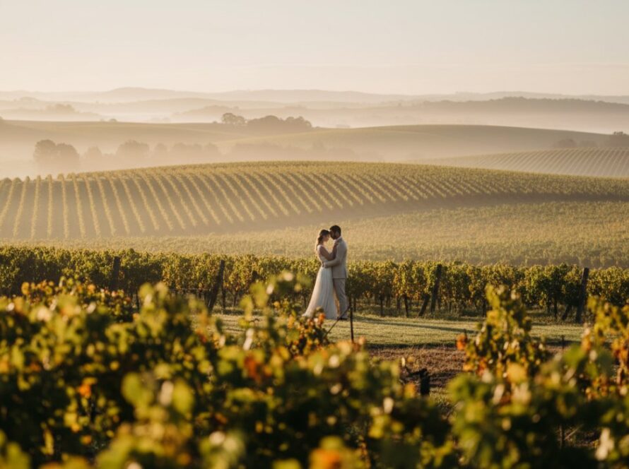 An epic moment of a couple embracing amidst a misty vineyard at sunrise, showcasing romantic Dixons Creek pre-wedding photography in the Yarra Valley.