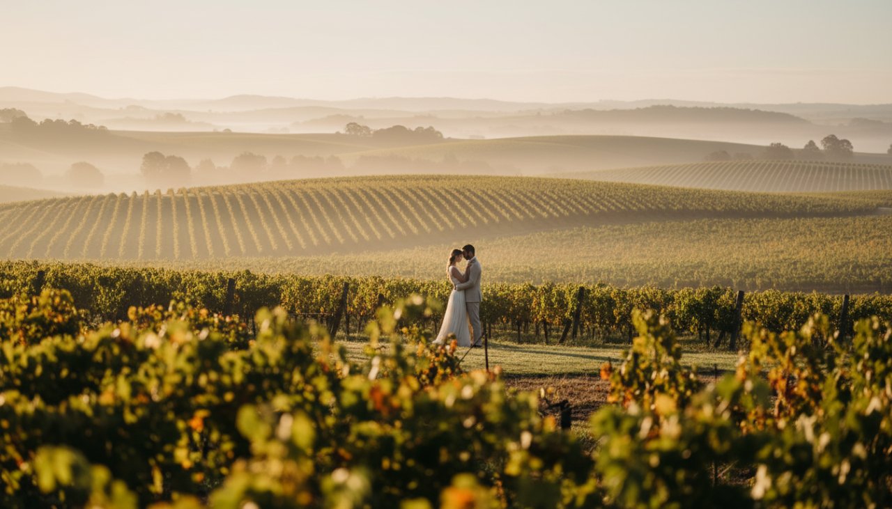 An epic moment of a couple embracing amidst a misty vineyard at sunrise, showcasing romantic Dixons Creek pre-wedding photography in the Yarra Valley.