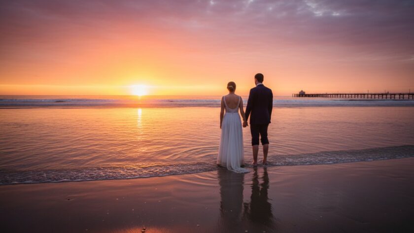An epic moment of a newlywed couple embracing on the golden sands of Dromana Beach at sunset, beautifully showcasing romantic Dromana Beach wedding photography Melbourne with soft, golden hour light highlighting their joy.