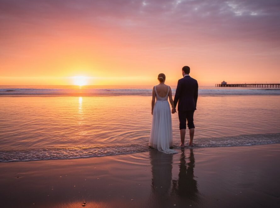 An epic moment of a newlywed couple embracing on the golden sands of Dromana Beach at sunset, beautifully showcasing romantic Dromana Beach wedding photography Melbourne with soft, golden hour light highlighting their joy.