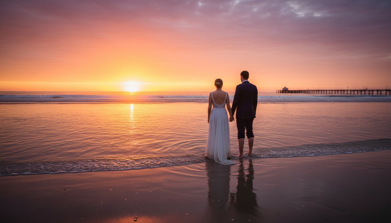 An epic moment of a newlywed couple embracing on the golden sands of Dromana Beach at sunset, beautifully showcasing romantic Dromana Beach wedding photography Melbourne with soft, golden hour light highlighting their joy.