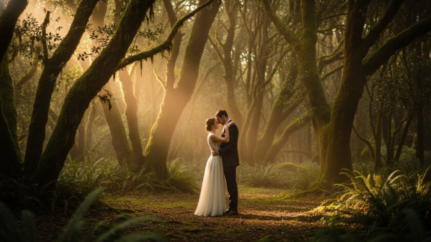 An intimate, cinematic shot of a couple sharing a tender moment amidst the misty, towering trees of the Dandenong Ranges during their romantic Emerald Victoria pre-wedding photoshoot. Soft, golden hour light filters through the canopy, highlighting their embrace, creating an epic and emotional scene.