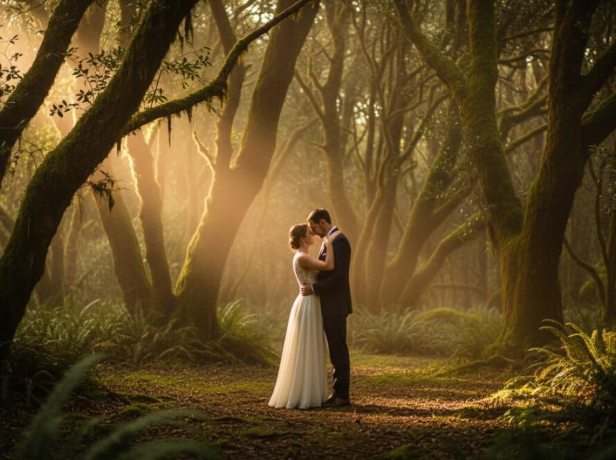 An intimate, cinematic shot of a couple sharing a tender moment amidst the misty, towering trees of the Dandenong Ranges during their romantic Emerald Victoria pre-wedding photoshoot. Soft, golden hour light filters through the canopy, highlighting their embrace, creating an epic and emotional scene.