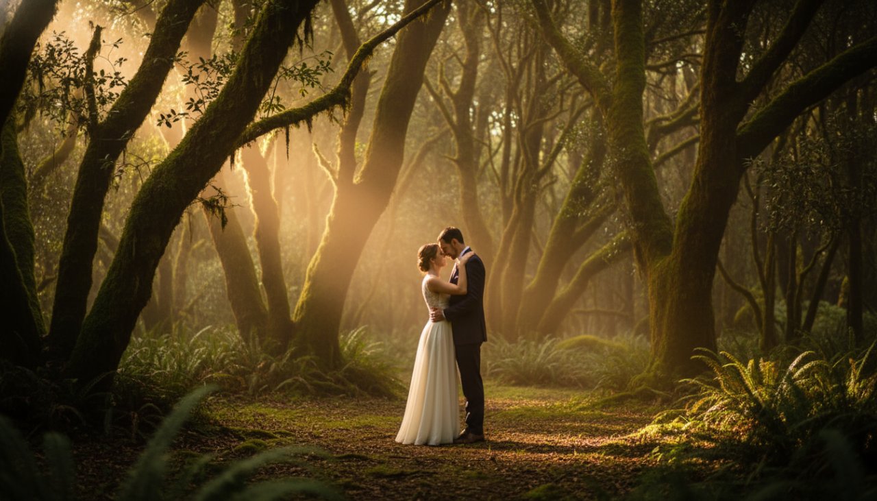 An intimate, cinematic shot of a couple sharing a tender moment amidst the misty, towering trees of the Dandenong Ranges during their romantic Emerald Victoria pre-wedding photoshoot. Soft, golden hour light filters through the canopy, highlighting their embrace, creating an epic and emotional scene.