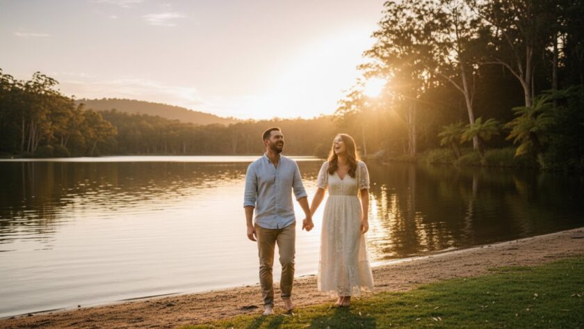 A couple embracing joyfully amidst the golden hour glow at Emerald Lake Park, capturing their romantic engagement photography moment, with lush Dandenong Ranges foliage in the background.