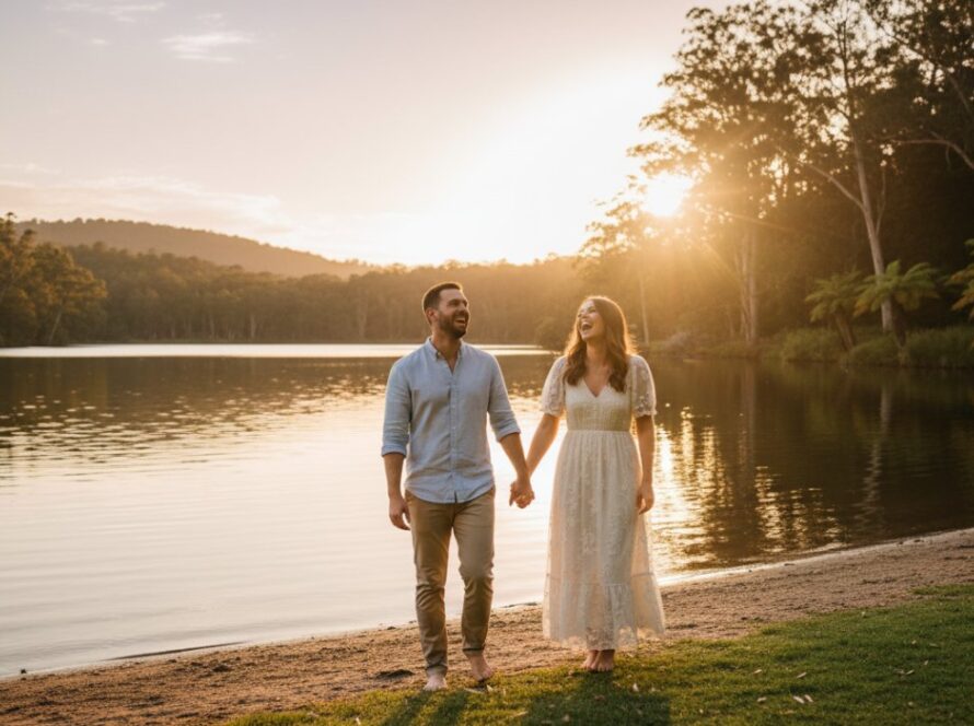 A couple embracing joyfully amidst the golden hour glow at Emerald Lake Park, capturing their romantic engagement photography moment, with lush Dandenong Ranges foliage in the background.