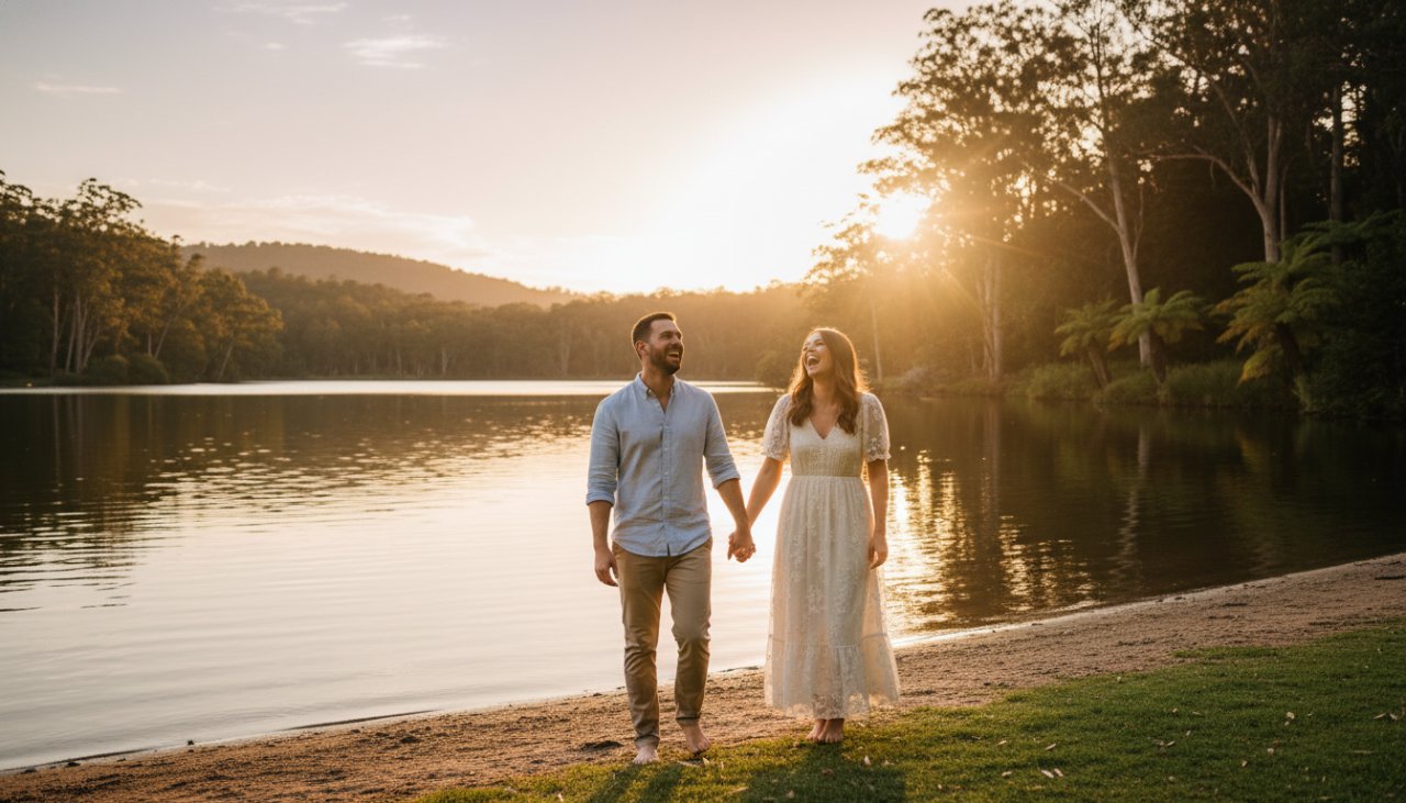 A couple embracing joyfully amidst the golden hour glow at Emerald Lake Park, capturing their romantic engagement photography moment, with lush Dandenong Ranges foliage in the background.