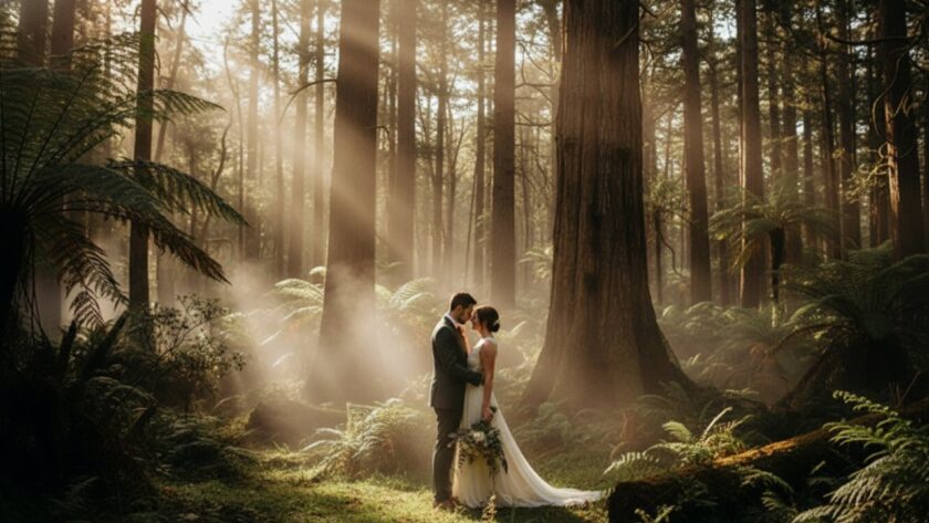 A couple sharing a tender, cinematic moment during their romantic Ferny Creek pre-wedding photoshoot Dandenongs, bathed in golden hour light amidst lush forest foliage, capturing their deep connection.