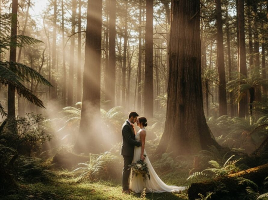 A couple sharing a tender, cinematic moment during their romantic Ferny Creek pre-wedding photoshoot Dandenongs, bathed in golden hour light amidst lush forest foliage, capturing their deep connection.