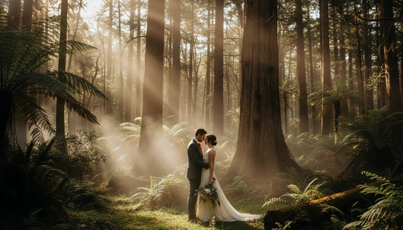 A couple sharing a tender, cinematic moment during their romantic Ferny Creek pre-wedding photoshoot Dandenongs, bathed in golden hour light amidst lush forest foliage, capturing their deep connection.