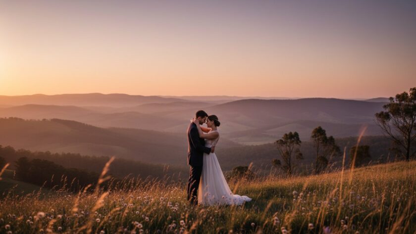 An 'epic moment' photograph capturing a couple sharing a tender embrace at sunset amidst the rolling hills of Gembrook, with the Dandenong Ranges in the background, symbolising their 'Romantic Gembrook Pre-Wedding Photos Victoria' experience.