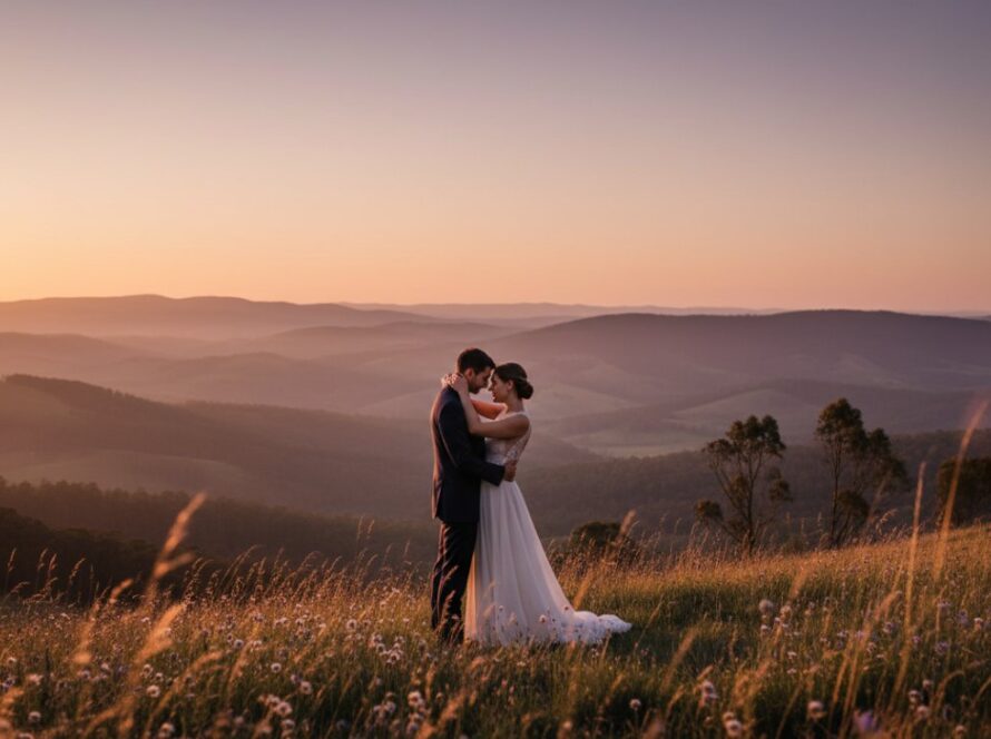 An 'epic moment' photograph capturing a couple sharing a tender embrace at sunset amidst the rolling hills of Gembrook, with the Dandenong Ranges in the background, symbolising their 'Romantic Gembrook Pre-Wedding Photos Victoria' experience.