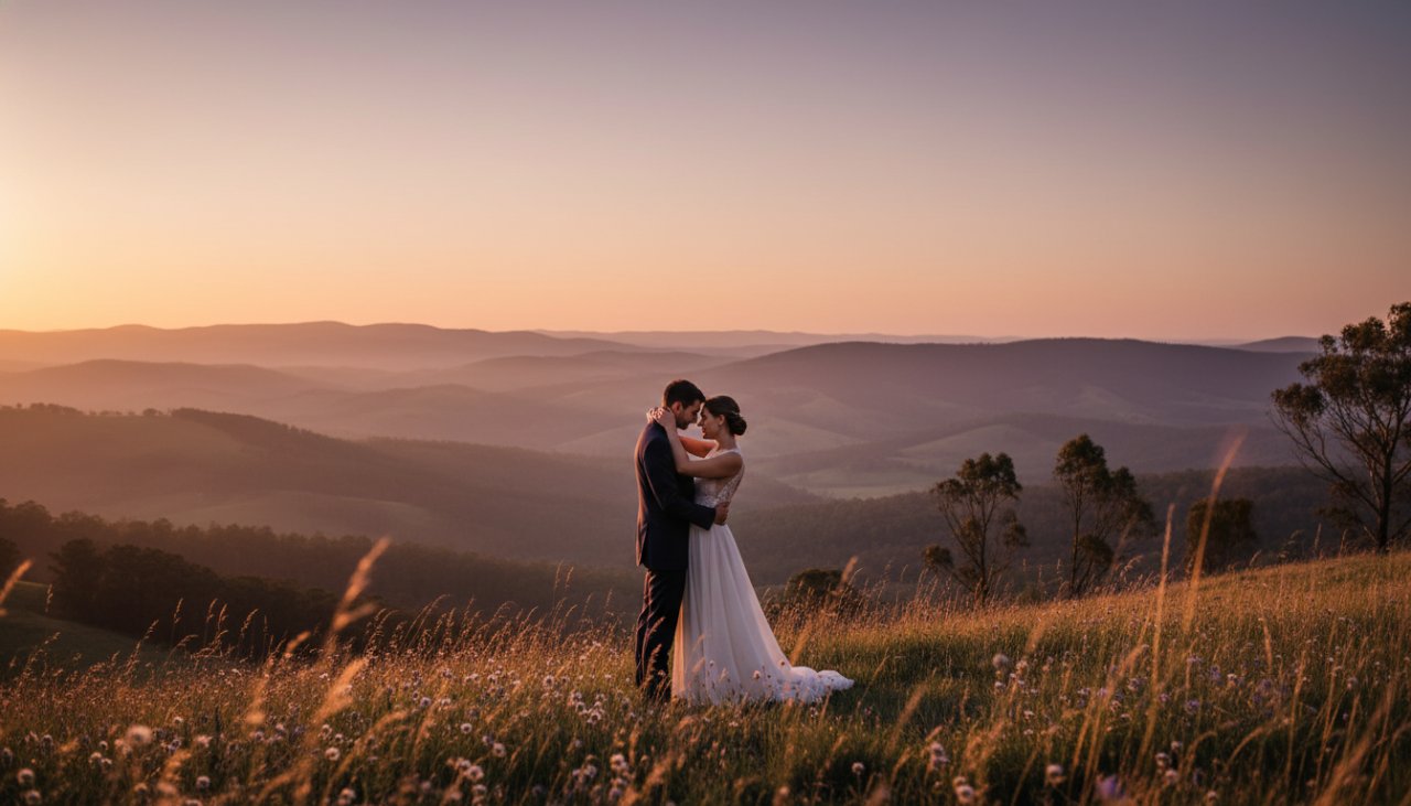An 'epic moment' photograph capturing a couple sharing a tender embrace at sunset amidst the rolling hills of Gembrook, with the Dandenong Ranges in the background, symbolising their 'Romantic Gembrook Pre-Wedding Photos Victoria' experience.