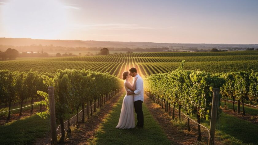 An epic moment captured during romantic Gruyere pre-wedding photography Yarra Valley, featuring a couple embracing amidst a golden hour vineyard landscape, silhouetted against a dramatic sunset.