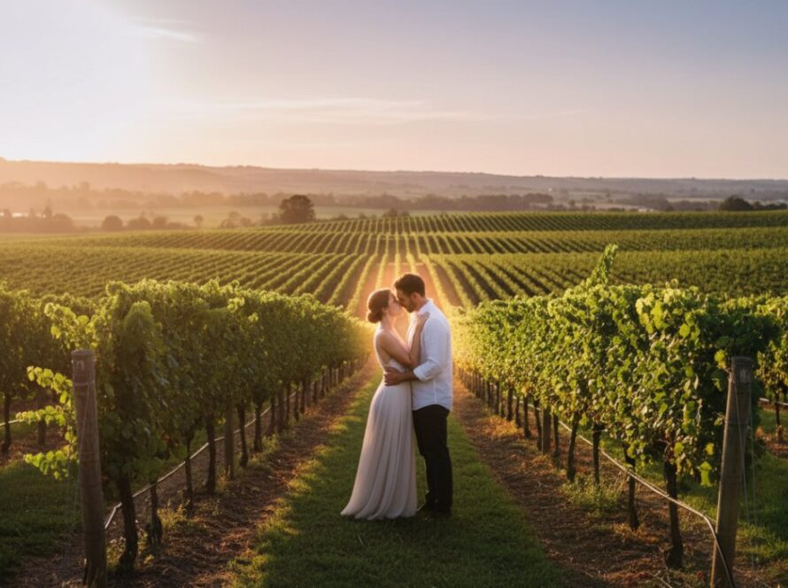 An epic moment captured during romantic Gruyere pre-wedding photography Yarra Valley, featuring a couple embracing amidst a golden hour vineyard landscape, silhouetted against a dramatic sunset.