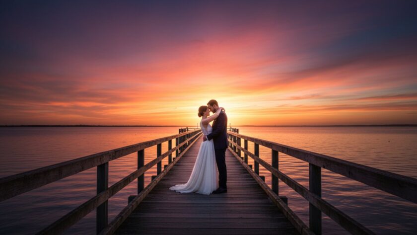 An epic, romantic Hastings foreshore wedding photography moment featuring a newlywed couple embracing at sunset by the historic Hastings pier, with soft, golden hour light reflecting on the calm bay water.