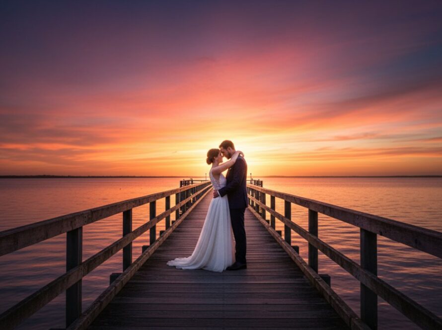 An epic, romantic Hastings foreshore wedding photography moment featuring a newlywed couple embracing at sunset by the historic Hastings pier, with soft, golden hour light reflecting on the calm bay water.
