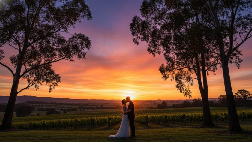 A newly engaged couple sharing a tender embrace amidst the golden hour glow, overlooking the rolling vineyards of the Yarra Valley, capturing their romantic Healesville engagement photos with stunning Yarra Valley views in an epic, cinematic style.
