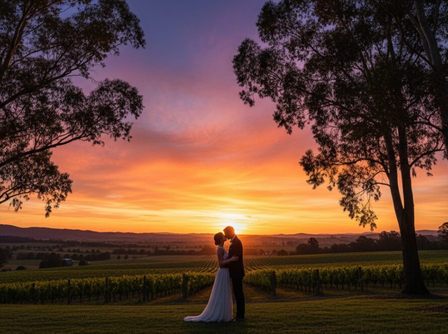 A newly engaged couple sharing a tender embrace amidst the golden hour glow, overlooking the rolling vineyards of the Yarra Valley, capturing their romantic Healesville engagement photos with stunning Yarra Valley views in an epic, cinematic style.