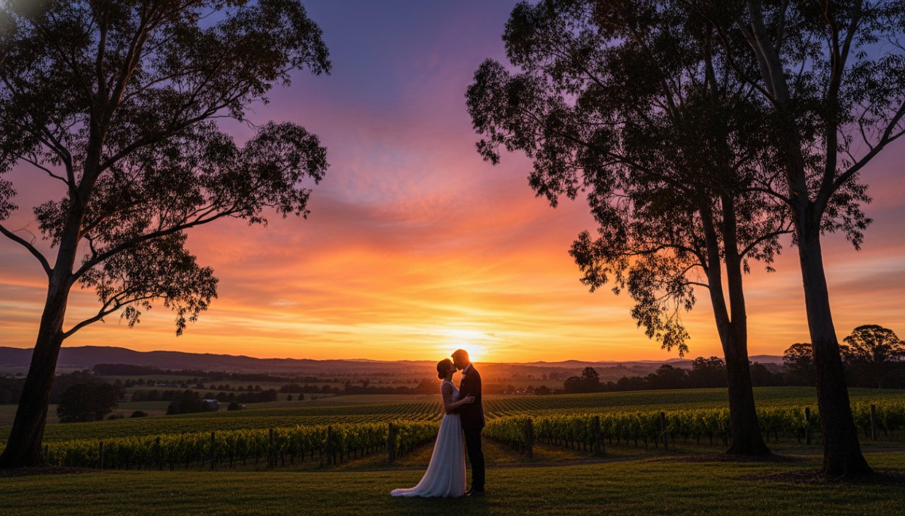 A newly engaged couple sharing a tender embrace amidst the golden hour glow, overlooking the rolling vineyards of the Yarra Valley, capturing their romantic Healesville engagement photos with stunning Yarra Valley views in an epic, cinematic style.