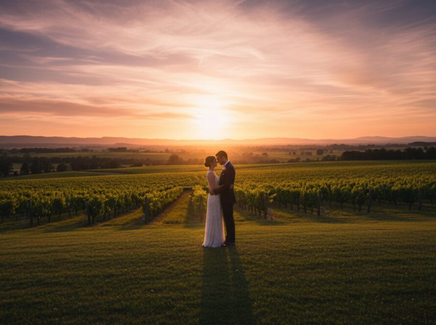 An emotionally resonant, wide shot of a couple embracing passionately at sunset during their romantic Healesville pre-wedding photoshoot Yarra Valley, with the rolling hills and vineyards of the Yarra Valley in the background, golden hour lighting, cinematic.