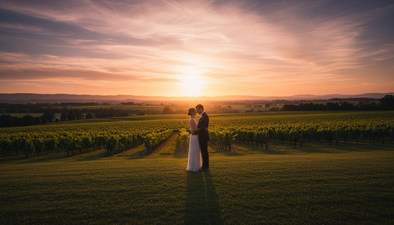 An emotionally resonant, wide shot of a couple embracing passionately at sunset during their romantic Healesville pre-wedding photoshoot Yarra Valley, with the rolling hills and vineyards of the Yarra Valley in the background, golden hour lighting, cinematic.