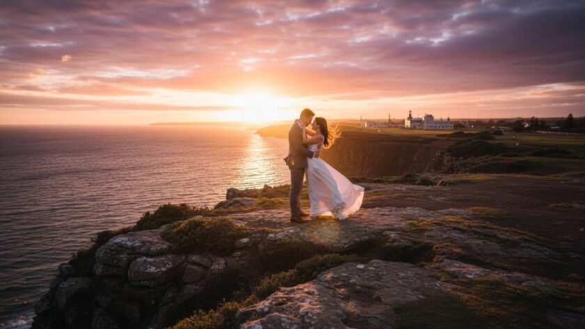 An epic, emotionally resonant photograph capturing a couple in romantic HMAS Cerberus pre-wedding photography, embracing dramatically against a rugged coastal cliff at sunset, with golden light illuminating their joyful expressions and the vast ocean behind them, showcasing the site's unique atmosphere.