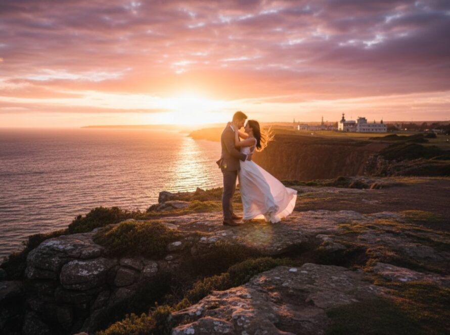 An epic, emotionally resonant photograph capturing a couple in romantic HMAS Cerberus pre-wedding photography, embracing dramatically against a rugged coastal cliff at sunset, with golden light illuminating their joyful expressions and the vast ocean behind them, showcasing the site's unique atmosphere.