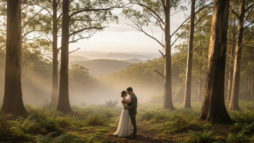 A breathtaking panoramic shot of a couple embracing passionately at sunset during their romantic Kallista pre-wedding photoshoot Dandenong Ranges, with misty mountains and towering trees in the background, showcasing the ethereal beauty of Victoria.