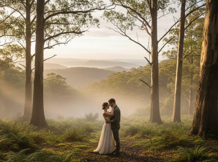 A breathtaking panoramic shot of a couple embracing passionately at sunset during their romantic Kallista pre-wedding photoshoot Dandenong Ranges, with misty mountains and towering trees in the background, showcasing the ethereal beauty of Victoria.