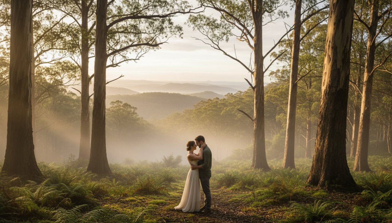 A breathtaking panoramic shot of a couple embracing passionately at sunset during their romantic Kallista pre-wedding photoshoot Dandenong Ranges, with misty mountains and towering trees in the background, showcasing the ethereal beauty of Victoria.