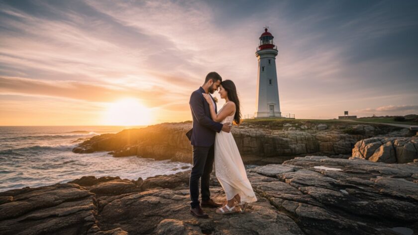 A breathtaking wide-angle, cinematic photograph of a couple embracing passionately near the historic McCrae Lighthouse during a Romantic McCrae Lighthouse Pre-Wedding Photoshoot at sunset. Golden hour light illuminates their joyous expressions, with the rugged coastline and calm ocean waves in the background, conveying a sense of timeless love and adventure.