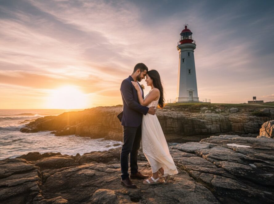 A breathtaking wide-angle, cinematic photograph of a couple embracing passionately near the historic McCrae Lighthouse during a Romantic McCrae Lighthouse Pre-Wedding Photoshoot at sunset. Golden hour light illuminates their joyous expressions, with the rugged coastline and calm ocean waves in the background, conveying a sense of timeless love and adventure.