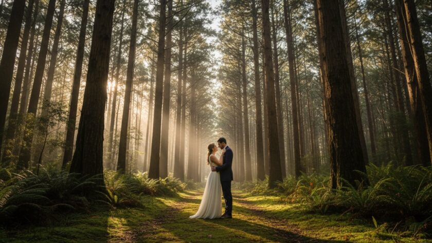 A couple sharing a tender kiss amidst the mist-shrouded eucalyptus trees of the Dandenong Ranges, showcasing romantic Menzies Creek engagement photos Dandenong Ranges, with soft morning light filtering through the canopy, an epic moment of intimate connection.