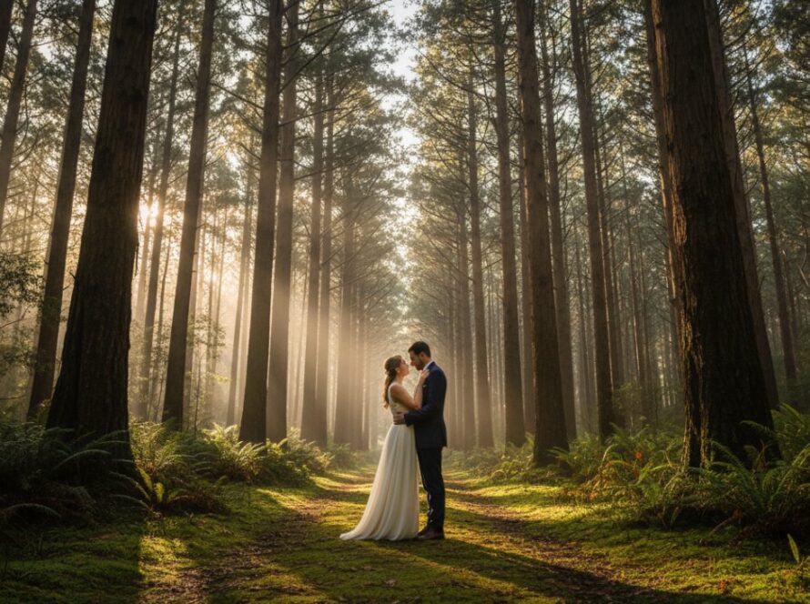 A couple sharing a tender kiss amidst the mist-shrouded eucalyptus trees of the Dandenong Ranges, showcasing romantic Menzies Creek engagement photos Dandenong Ranges, with soft morning light filtering through the canopy, an epic moment of intimate connection.