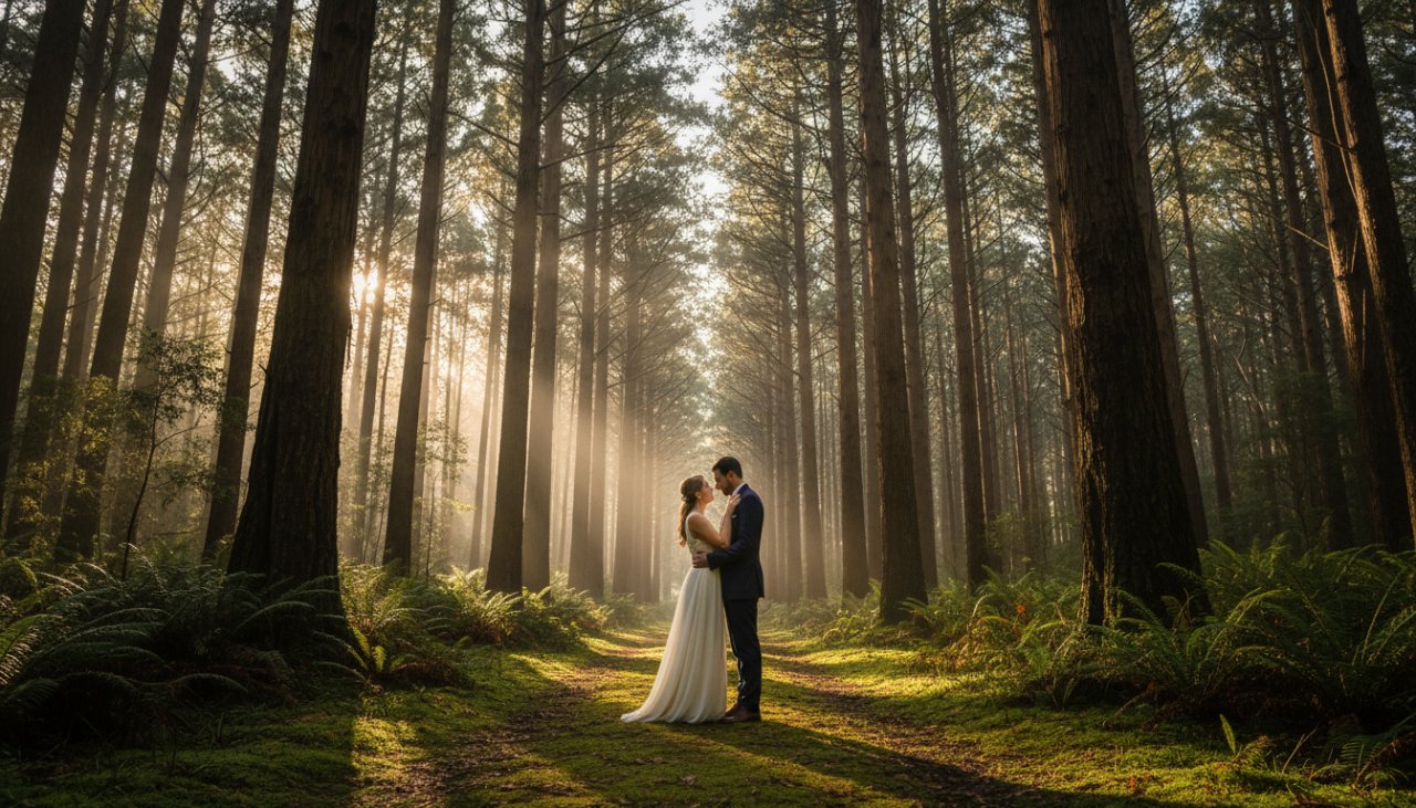A couple sharing a tender kiss amidst the mist-shrouded eucalyptus trees of the Dandenong Ranges, showcasing romantic Menzies Creek engagement photos Dandenong Ranges, with soft morning light filtering through the canopy, an epic moment of intimate connection.