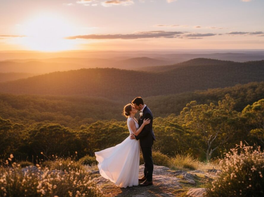A couple sharing a tender embrace at sunset amidst the lush Dandenong Ranges, showcasing romantic Montrose wedding photography Victoria with soft golden hour light and a picturesque natural backdrop.