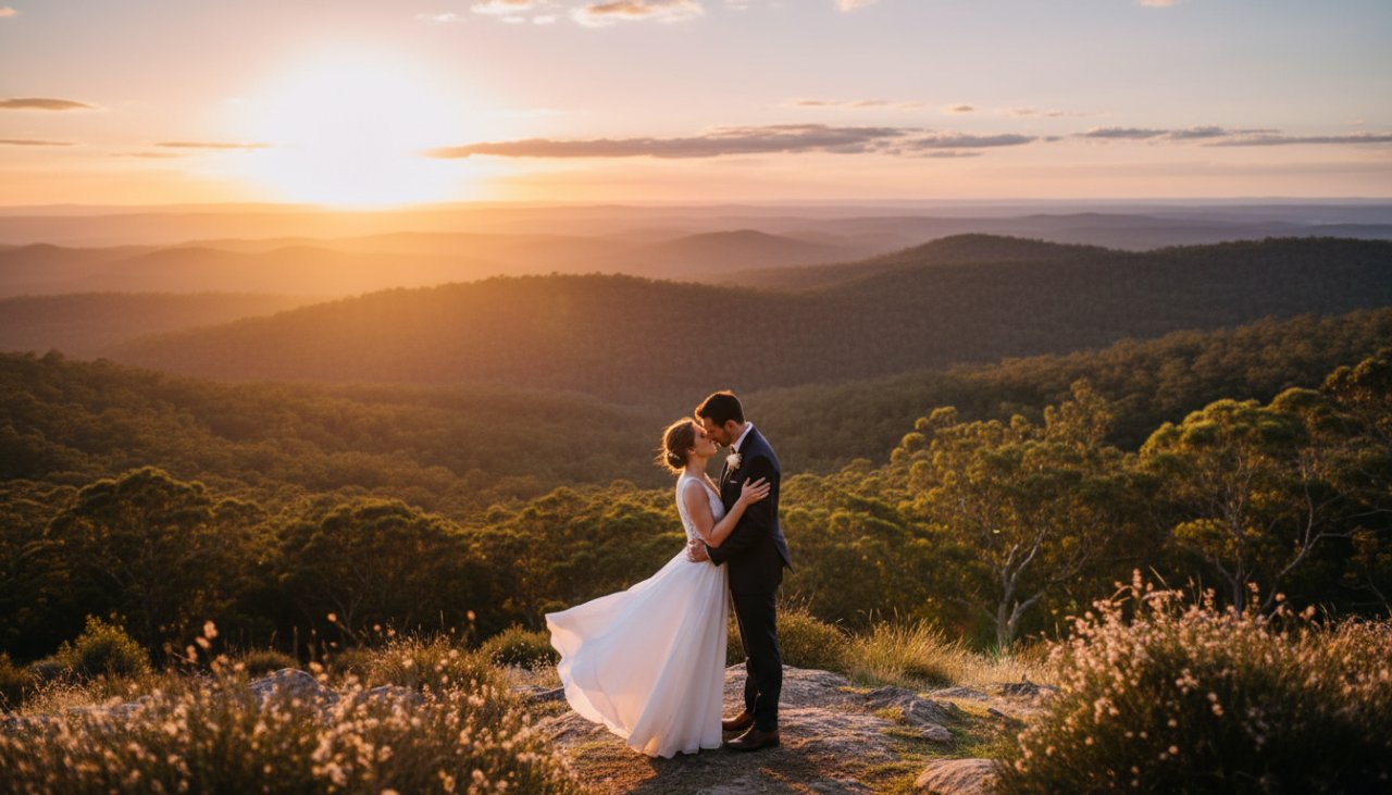 A couple sharing a tender embrace at sunset amidst the lush Dandenong Ranges, showcasing romantic Montrose wedding photography Victoria with soft golden hour light and a picturesque natural backdrop.