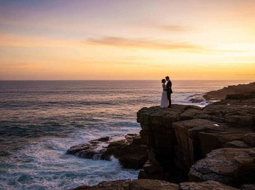 An engaged couple sharing a romantic moment during their Mornington Peninsula pre-wedding photography shoot at sunset, overlooking the dramatic coastline with golden light.