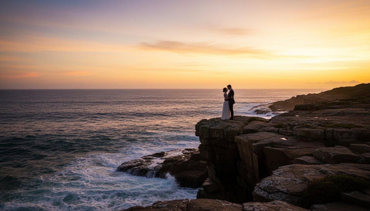 An engaged couple sharing a romantic moment during their Mornington Peninsula pre-wedding photography shoot at sunset, overlooking the dramatic coastline with golden light.