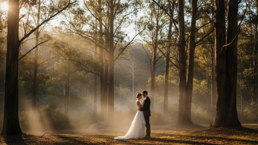 A breathtaking, cinematic photograph capturing a newlywed couple's first kiss amidst the misty, enchanted forests of Mount Dandenong at sunset, epitomising romantic Mount Dandenong wedding photography packages and their fairytale celebration.