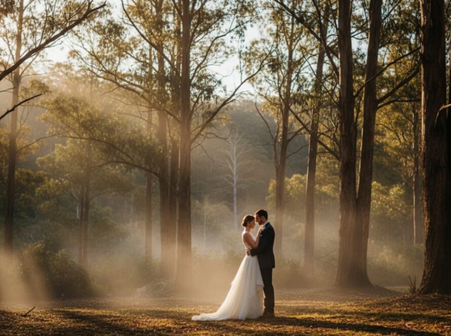 A breathtaking, cinematic photograph capturing a newlywed couple's first kiss amidst the misty, enchanted forests of Mount Dandenong at sunset, epitomising romantic Mount Dandenong wedding photography packages and their fairytale celebration.