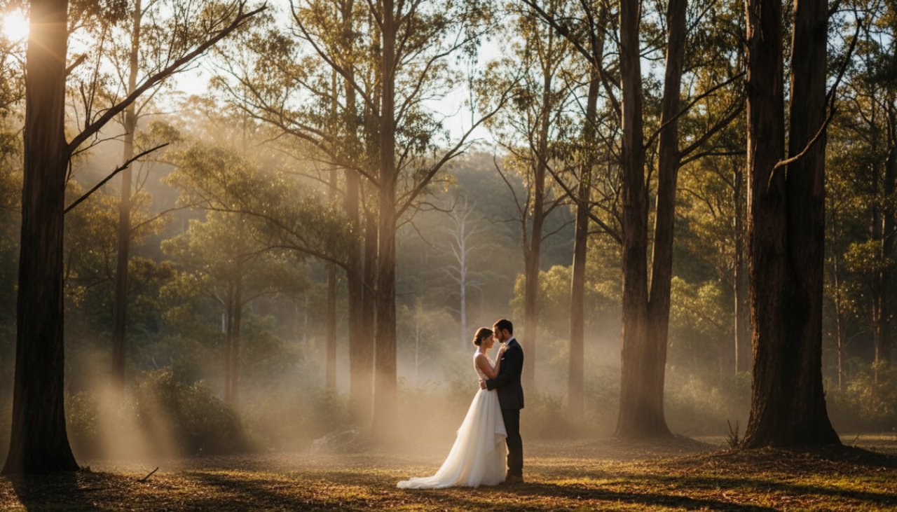 A breathtaking, cinematic photograph capturing a newlywed couple's first kiss amidst the misty, enchanted forests of Mount Dandenong at sunset, epitomising romantic Mount Dandenong wedding photography packages and their fairytale celebration.