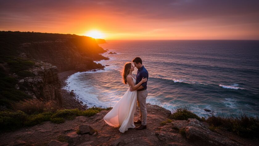A couple embraces passionately on a dramatic cliffside overlooking the turquoise waters of Mount Martha during a romantic Mount Martha cliffside engagement shoot at sunset, capturing an epic moment of their love story.