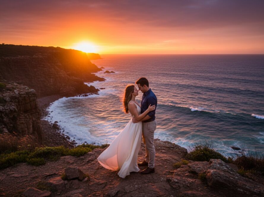 A couple embraces passionately on a dramatic cliffside overlooking the turquoise waters of Mount Martha during a romantic Mount Martha cliffside engagement shoot at sunset, capturing an epic moment of their love story.