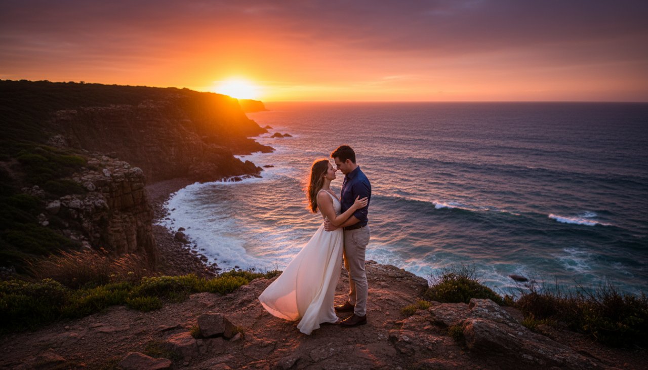 A couple embraces passionately on a dramatic cliffside overlooking the turquoise waters of Mount Martha during a romantic Mount Martha cliffside engagement shoot at sunset, capturing an epic moment of their love story.