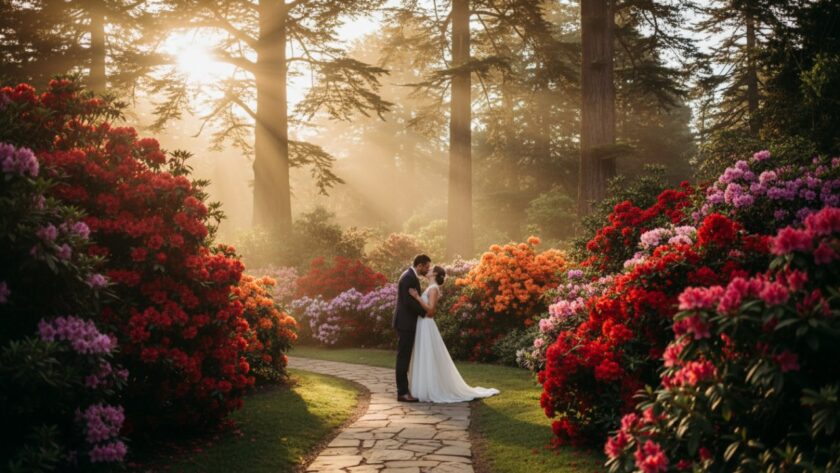 An epic moment of a newlywed couple sharing a tender kiss amidst the lush, vibrant spring blooms of the Dandenong Ranges Botanical Garden, captured through romantic Olinda botanical gardens wedding photography, with golden hour light filtering through tall trees.