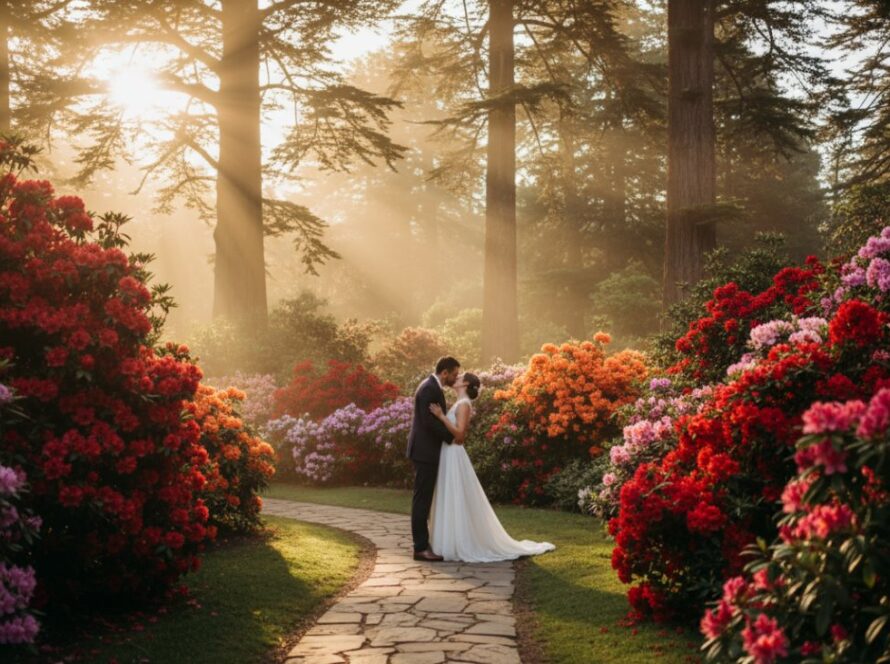 An epic moment of a newlywed couple sharing a tender kiss amidst the lush, vibrant spring blooms of the Dandenong Ranges Botanical Garden, captured through romantic Olinda botanical gardens wedding photography, with golden hour light filtering through tall trees.